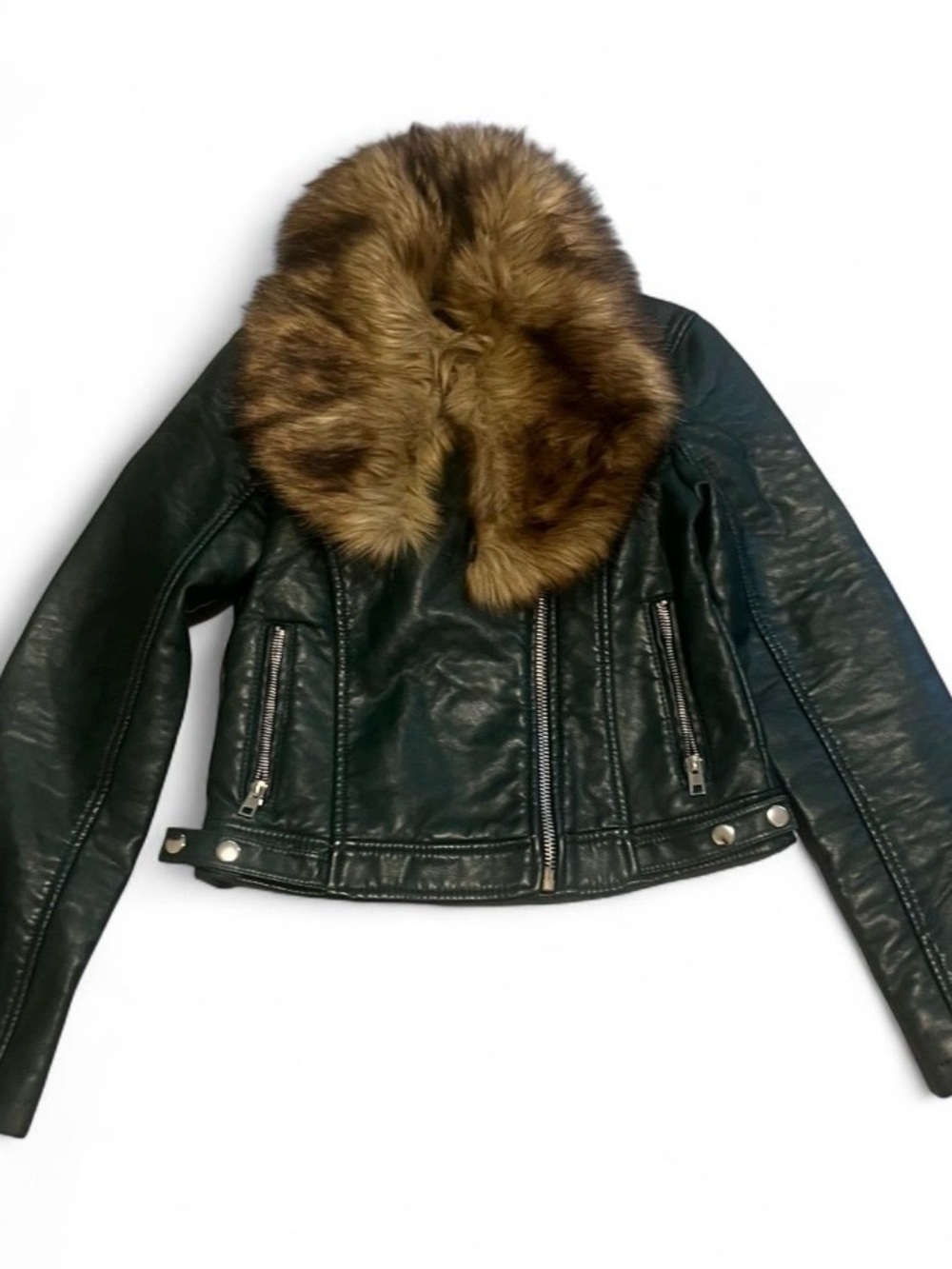 Forever 21 Green Leather‎ Jacket with Brown Faux Fur Collar